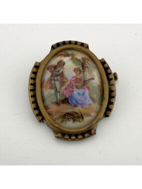 Antique Vintage Limoges Hand Painted Porcelain Brooch Courting Couple France